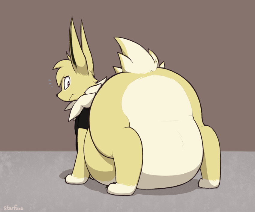 big_butt black_clothing black_shirt black_topwear butt clothing eeveelution featureless_ass featureless_crotch feral fur hi_res jolteon looking_back male nintendo nom-sympony obese obese_feral obese_male overweight overweight_feral overweight_male pok&eacute;mon pok&eacute;mon_(species) purple_eyes ren_(nom-sympony) shirt solo topwear video_games white_body white_fur yellow_body yellow_fur