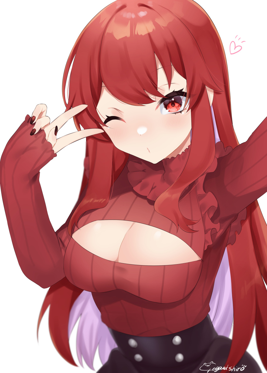 1girl abe_suke absurdres bangs black_skirt blush breasts cleavage cleavage_cutout closed_mouth clothing_cutout eyebrows_visible_through_hair hand_up heart high-waist_skirt highres long_hair long_sleeves looking_at_viewer medium_breasts meme_attire one_eye_closed open-chest_sweater original red_eyes red_hair red_sweater self_shot signature simple_background skirt sleeves_past_wrists solo sweater v_over_eye very_long_hair white_background