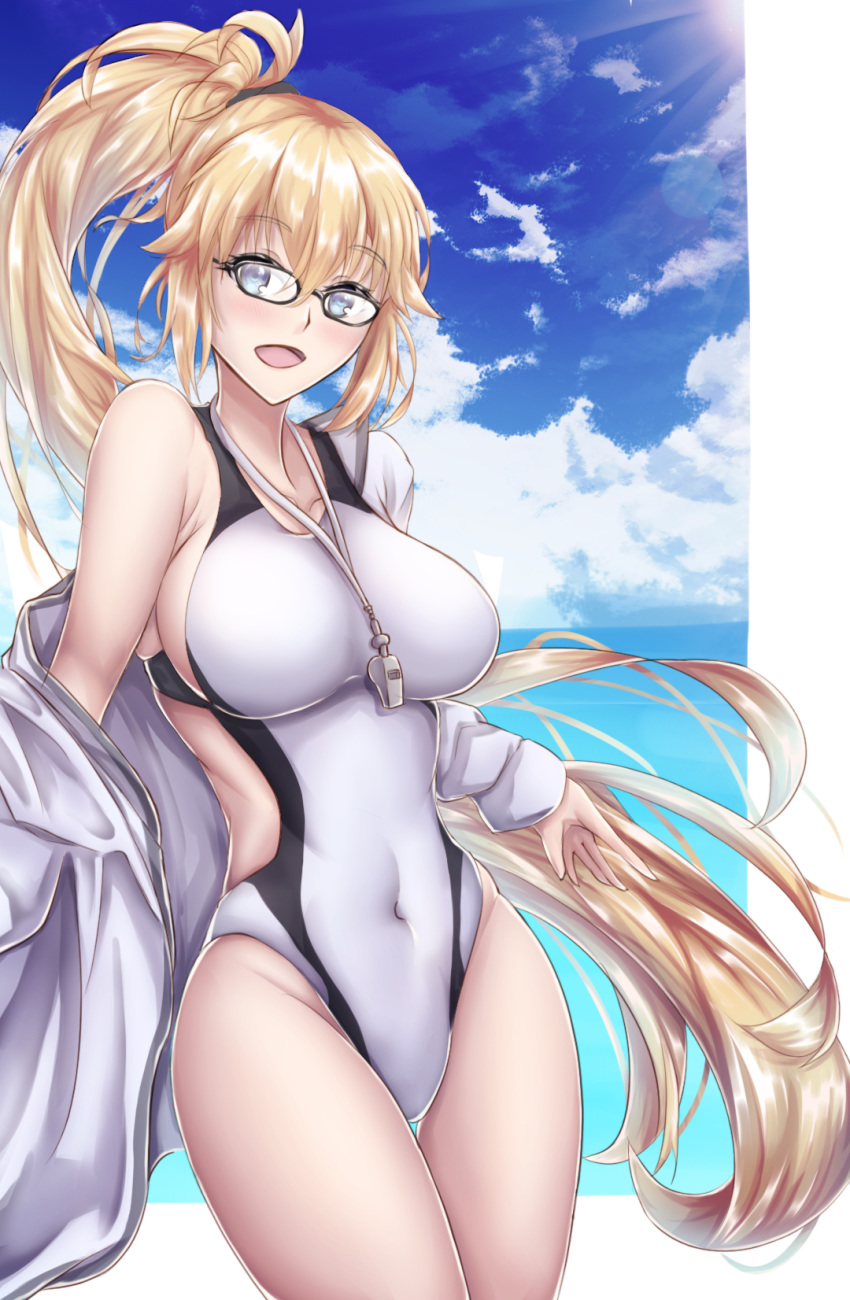 1girl black-framed_eyewear blonde_hair blue_eyes blue_sky cloud commentary_request competition_swimsuit covered_navel cowboy_shot day fate/grand_order fate_(series) glasses highres jacket jeanne_d'arc_(fate)_(all) jeanne_d'arc_(swimsuit_archer) light_rays long_hair one-piece_swimsuit outdoors ponytail sky sun sunbeam sunlight swimsuit user_ramf2222 whistle whistle_around_neck white_jacket white_swimsuit
