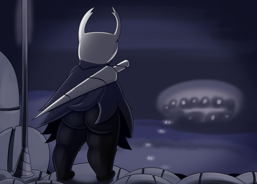 2021 7:5 absurd_res ambiguous_gender anthro arthropod big_butt black_body black_exoskeleton bottomless butt clothed clothing exoskeleton faceless_ambiguous faceless_anthro faceless_character grey_cape hi_res hollow_knight not_safe_for_reality outside protagonist_(hollow_knight) rear_view solo standing street_lamp team_cherry thick_thighs video_games weapon weapon_on_back white_body white_exoskeleton