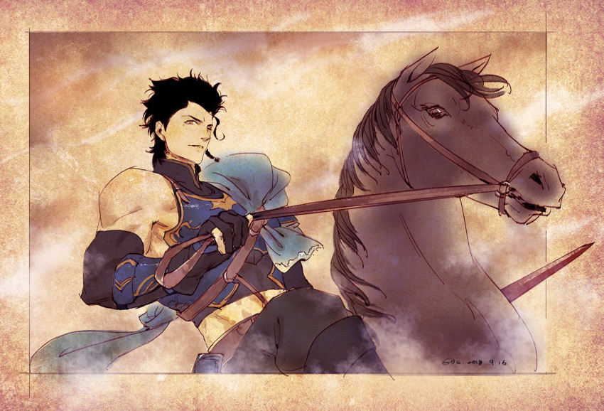 1boy armor bang black_hair blue_scarf diarmuid_ua_duibhne_(fate/grand_order) elle_shengxuan_shi fate/grand_order fate_(series) finger_gun gloves horse horseback_riding male_focus midriff one_eye_closed riding scarf single_bare_shoulder sword weapon