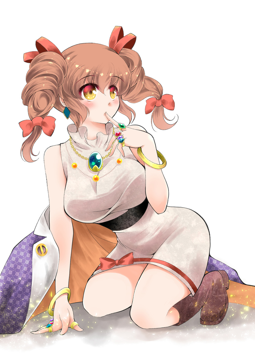 1girl bangle boots bow bracelet breasts brown_hair dress drill_hair finger_to_mouth hair_bow highres jewelry large_breasts long_hair looking_to_the_side orange_eyes red_bow ring simple_background solo touhou twin_drills usuusu white_background white_dress yorigami_jo'on