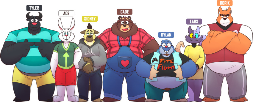 &lt;3 2021 ace_(the_human_heart) anthro belly black_body black_fur blue_body blue_fur bottomwear bovid bovine brown_body brown_fur cade_(the_human_heart) canid canine canis cattle clothing domestic_cat domestic_dog dylan_(the_human_heart) eulipotyphlan eyewear felid feline felis fur glasses group hi_res hoodie hyaenid lagomorph lars_(the_human_heart) leonthelionel leporid male mammal mole_(animal) orange_body orange_fur overalls overweight overweight_male pants purple_body purple_fur rabbit rorik_(the_human_heart) shirt shorts sidney_(the_human_heart) simple_background the_human_heart_(game) topwear tyler_(the_human_heart) ursid video_games visual_novel white_background