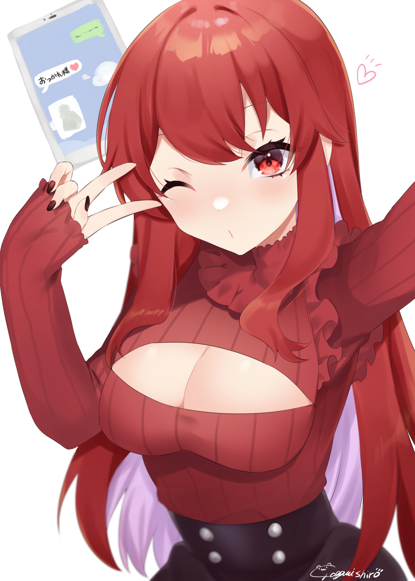 1girl abe_suke absurdres bangs black_skirt blush breasts cellphone cleavage cleavage_cutout closed_mouth clothing_cutout commentary_request eyebrows_visible_through_hair hand_up heart high-waist_skirt highres long_hair long_sleeves looking_at_viewer medium_breasts meme_attire one_eye_closed open-chest_sweater original phone red_eyes red_hair red_sweater self_shot signature simple_background skirt sleeves_past_wrists solo sweater translation_request v_over_eye very_long_hair white_background