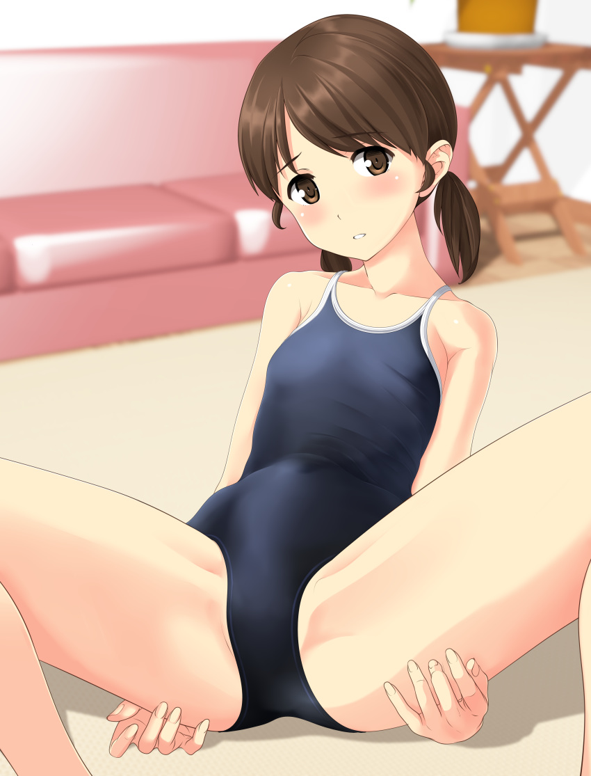 1girl absurdres bangs black_swimsuit blurry brown_eyes brown_hair commentary_request competition_school_swimsuit couch depth_of_field highres kantai_collection looking_at_viewer low_twintails parted_bangs school_swimsuit shirayuki_(kantai_collection) short_hair short_twintails sitting solo spread_legs swimsuit table takafumi twintails