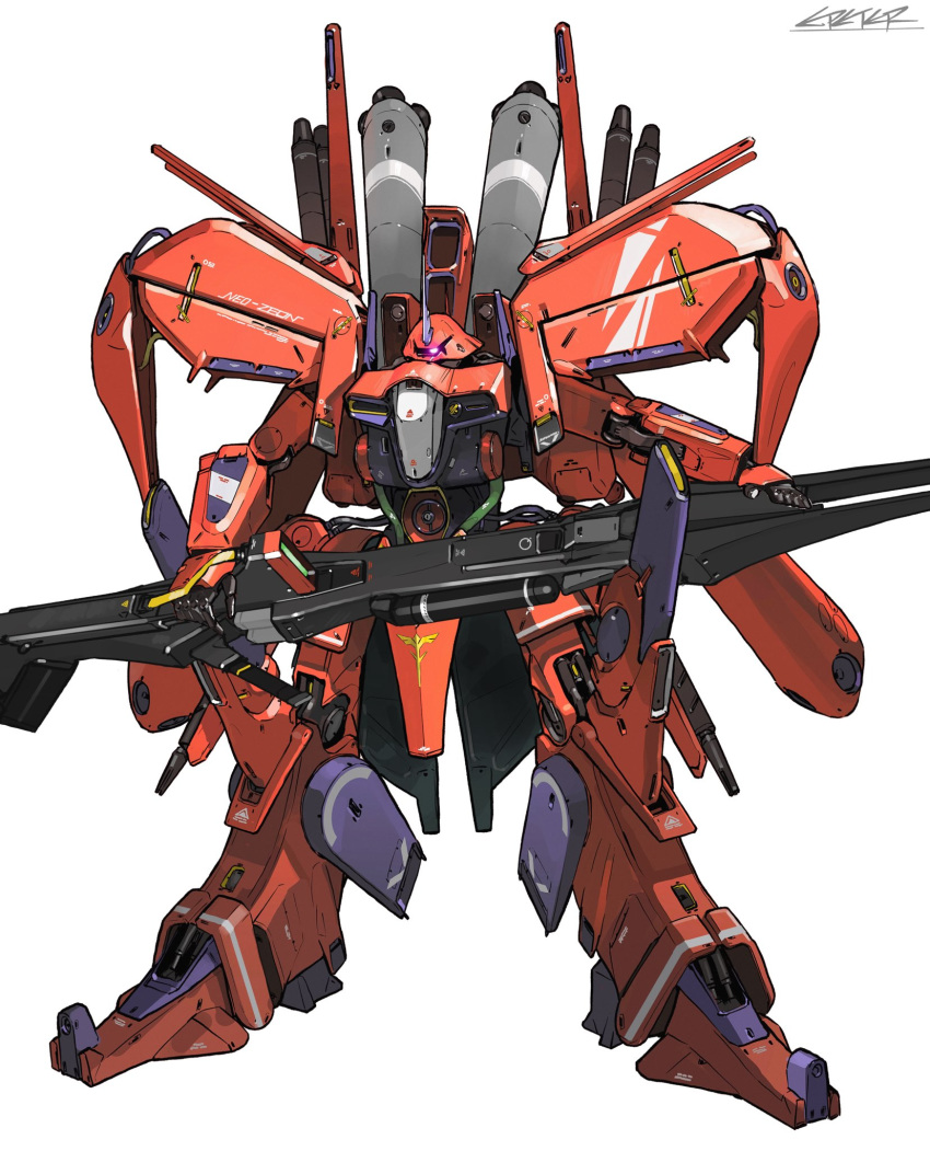 ex-s_gundam glowing glowing_eye gun gundam gundam_sentinel highres holding holding_gun holding_weapon mecha no_humans one-eyed peter_(peter6409) pink_eyes redesign science_fiction signature solo standing weapon white_background zeon