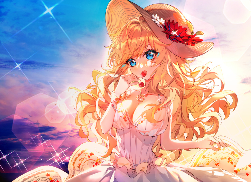 1girl :o bangs baocaizi bare_shoulders blonde_hair blue_eyes breasts cherry cleavage commentary_request dress eyebrows_visible_through_hair flower food fruit hand_up hat hat_flower highres holding idolmaster idolmaster_cinderella_girls jewelry large_breasts light long_hair looking_at_viewer necklace ootsuki_yui open_mouth red_flower shell_necklace shiny shiny_hair shiny_skin solo sparkle sun sun_hat wavy_hair white_dress