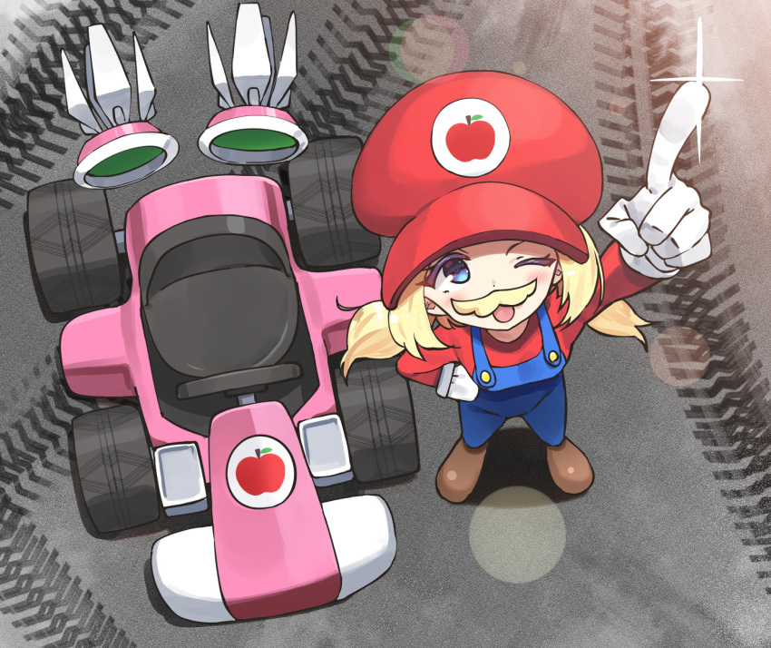 1girl aki_rosenthal blonde_hair blue_eyes cosplay electriccross fake_facial_hair fake_mustache gloves go_kart hand_on_hip hat highres hololive long_hair mario mario_(cosplay) mario_(series) mario_kart one_eye_closed open_mouth overalls red_headwear red_shirt shiny shirt solo twintails virtual_youtuber white_gloves