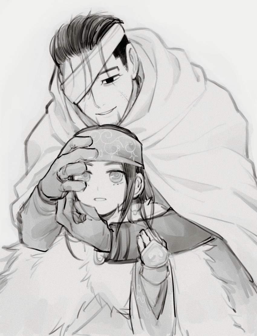 1boy 1girl ainu ainu_clothes asirpa bandaged_head bandages bandana black_eyes black_hair cape couple ear_piercing earrings facial_hair fur_cape gloves golden_kamuy greyscale hair_slicked_back hair_strand hand_on_another's_face hand_on_another's_head hetero highres hood hood_down hooded_cape hoop_earrings hug hug_from_behind imperial_japanese_army jacket jewelry lemonade2333 long_hair long_sleeves looking_at_another looking_at_viewer military military_uniform monochrome ogata_hyakunosuke one_eye_covered parted_lips piercing scar scar_on_cheek scar_on_face short_hair sidelocks simple_background smile stubble undercut uniform upper_body white_background white_cape wide_sleeves