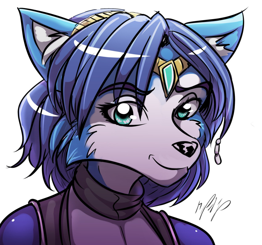 accessory anthro blue_hair canid canine clothing female fox fur green_eyes hair hair_accessory hairband hi_res krystal looking_at_viewer mammal mikeorion nintendo signature simple_background smile solo star_fox video_games