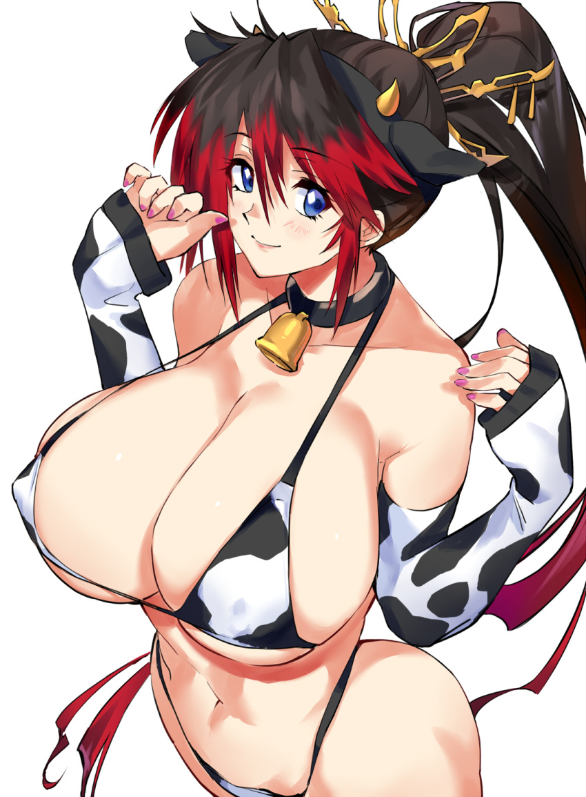 1girl animal_ears animal_print bangs bikini black_hair blue_eyes breasts chinese_zodiac cleavage covered_nipples cow_ears cow_print detached_sleeves fake_animal_ears from_above hair_between_eyes highres horns large_breasts long_hair long_ponytail nanbu_kaguya negresco pink_nails ponytail smile solo super_robot_wars super_robot_wars_og_saga_mugen_no_frontier swimsuit tied_hair white_background year_of_the_ox