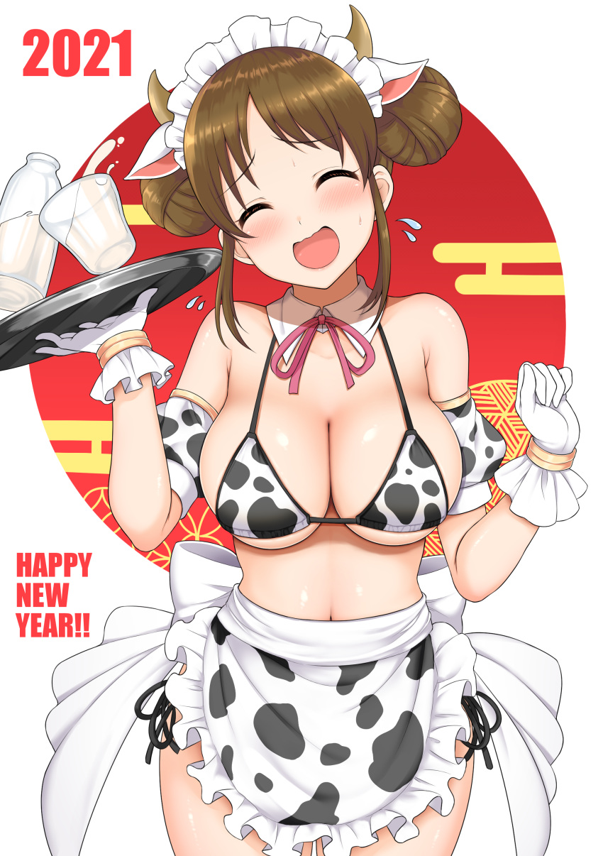 1girl 2021 absurdres animal_print apron bangs bikini blush bottle bow bowtie breasts brown_hair chinese_zodiac cleavage clenched_hand closed_eyes cow_print detached_collar double_bun gloves hands_up happy_new_year highres holding holding_tray large_breasts looking_at_viewer milk milk_bottle new_year open_mouth princess_connect! princess_connect!_re:dive red_neckwear short_hair smile solo suzume_(princess_connect!) swimsuit tray waist_apron white_gloves year_of_the_ox yue_(show-ei)