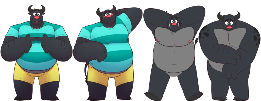 2021 anthro belly black_body black_fur bottomwear bovid bovine cattle clothing fur hi_res leonthelionel male mammal model_sheet overweight overweight_anthro overweight_male shirt shorts simple_background solo the_human_heart_(game) topwear tyler_(the_human_heart) video_games visual_novel white_background