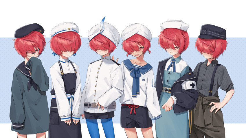 1boy absurdres ahoge apron blush braid collarbone collared_shirt crossdressing fate_(series) fuuma_kotarou_(fate/grand_order) glasses hair_over_eyes hair_over_one_eye hat highres looking_at_viewer multiple_persona nurse nurse_cap omiyacha open_mouth otoko_no_ko round_eyewear sailor_collar shinobi_attire_for_summer_enjoyment shirt shorts single_braid sleeves_past_fingers sleeves_past_wrists smile solo suspenders white_shirt