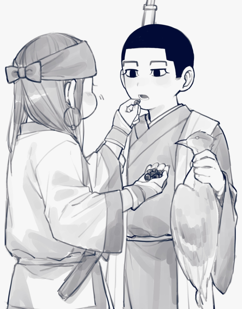 1boy 1girl ainu ainu_clothes animal asirpa bandana berries black_eyes black_hair blush buzz_cut couple dead_animal ear_piercing earrings feeding food from_side golden_kamuy greyscale gun hetero highres holding holding_animal holding_food japanese_clothes jewelry kimono lemonade2333 long_hair long_sleeves looking_at_another monochrome ogata_hyakunosuke open_mouth over_shoulder piercing rifle sheath short_hair simple_background standing upper_body very_short_hair weapon weapon_over_shoulder white_background wide_sleeves younger