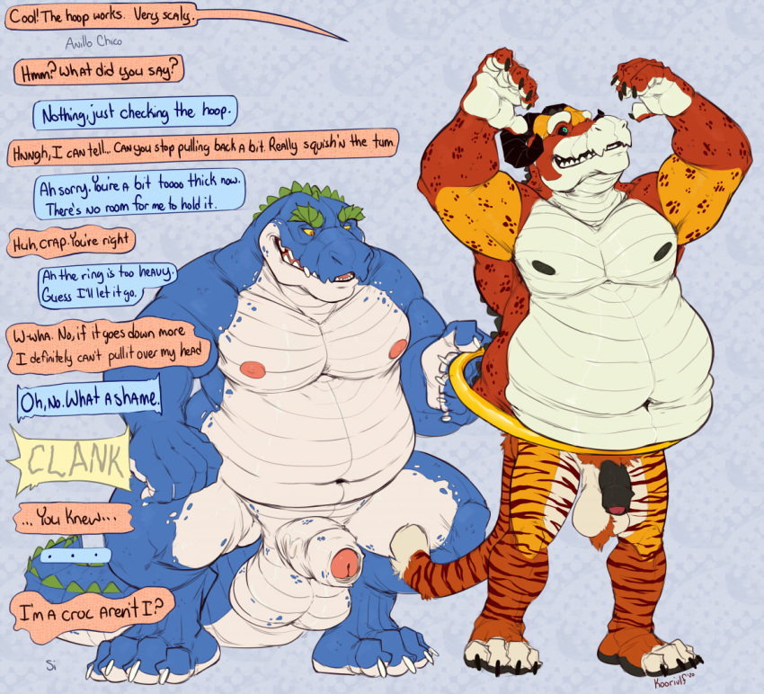 2020 4_toes anthro ball_tuft balls belly black_sclera body_size_growth chubby_male claws crocodile crocodilian crocodylid crouching dialogue digital_media_(artwork) digitigrade duo duo_focus english_text feet felid fingers flaccid foreskin fur genitals group half-erect horn hybrid koorivlf male male/male mammal mid_transformation nipples nude open_mouth overweight overweight_male pantherine paws penis plantigrade procyonid raccoon reptile scales scalie simple_background size_transformation slightly_chubby smile spanish_text species_transformation speech_bubble standing stripped_fur teeth text tiger toes transformation translated tuft uncut vein veiny_penis weight_gain yellow_sclera zaszthecroc