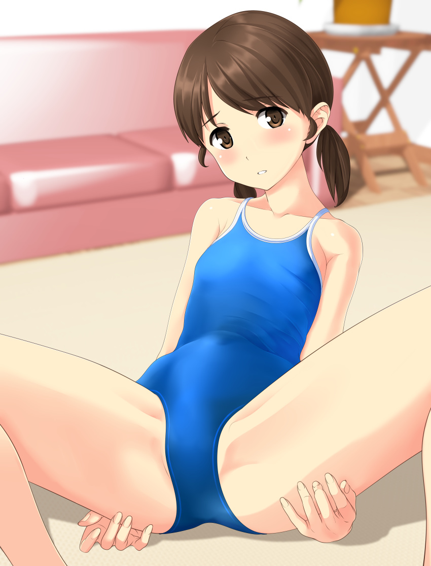 1girl absurdres bangs blue_swimsuit blurry brown_eyes brown_hair competition_school_swimsuit couch depth_of_field highres kantai_collection looking_at_viewer low_twintails parted_bangs school_swimsuit shirayuki_(kantai_collection) short_hair short_twintails sitting solo spread_legs swimsuit table takafumi twintails