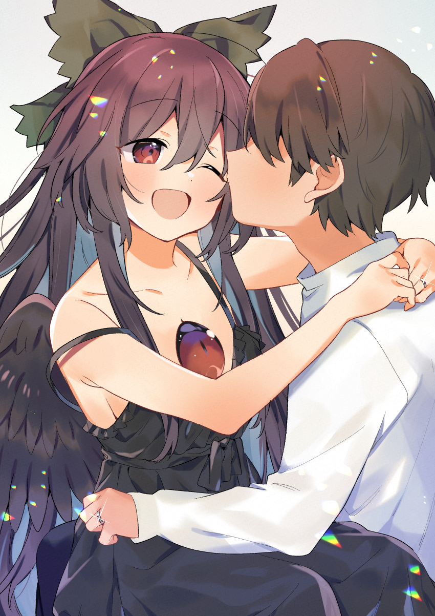 1boy 1girl absurdres akagashi_hagane alternate_costume arms_around_neck brown_hair cheek_kiss dress hair_boy happy hetero highres hug huge_filesize husband_and_wife jewelry kiss long_hair married md5_mismatch one_eye_closed open_mouth red_eyes reiuji_utsuho ring short_hair smile third_eye touhou wedding_ring wings