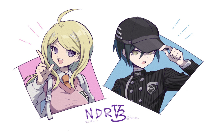 1boy 1girl :d ahoge akamatsu_kaede artist_name bangs black_hair black_headwear black_jacket blonde_hair breast_pocket breasts commentary_request copyright_name danganronpa_(series) danganronpa_v3:_killing_harmony dated hair_ornament hand_up hat highres index_finger_raised jacket long_hair long_sleeves looking_at_viewer musical_note musical_note_hair_ornament open_mouth orange_neckwear pocket saihara_shuuichi short_hair smile striped_jacket takagiri white_background