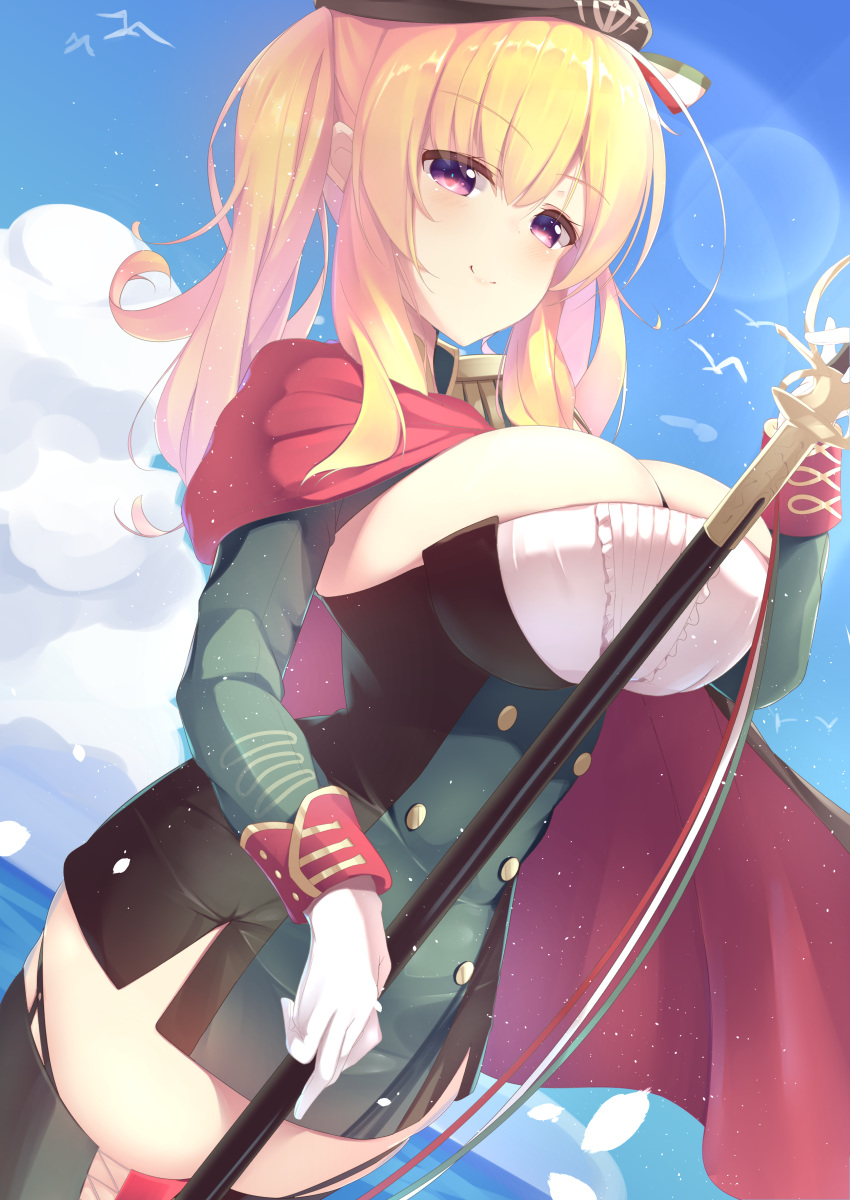 1girl absurdres azur_lane beret bird black_cape black_headwear blonde_hair blue_sky breasts cape cleavage cleavage_cutout clothing_cutout cosplay double-breasted dress epaulettes eyebrows_visible_through_hair feathers gloves hakoniwa-boxer hat highres holding holding_sword holding_weapon italian_flag large_breasts lena_liechtenauer purple_eyes red_cape seiyuu_connection senren_banka sheath sheathed short_dress skin_tight skindentation sky solo sword thighhighs two-tone_cape water weapon white_gloves yuzu-soft zara_(azur_lane) zara_(azur_lane)_(cosplay)