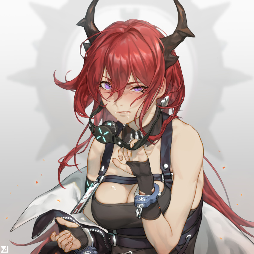arknights ball_gag blush cuffs drooling gag gagged guangmi handcuffs highres horns long_hair purple_eyes red_hair saliva saliva_trail shackles surtr_(arknights)