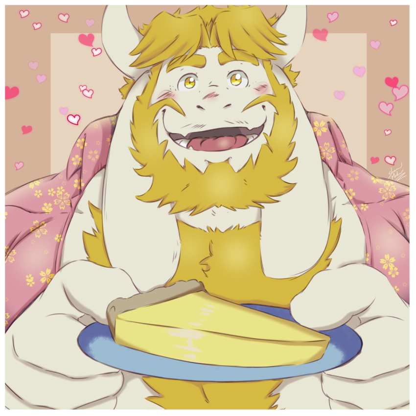 &lt;3 1:1 2021 anthro asgore_dreemurr beard blonde_hair blush body_hair border bovid bust_portrait caprine chest_hair clothed clothing dessert eyebrows facial_hair food goat hair hi_res holding_object horn long_ears looking_at_viewer male mammal offering_food open_clothing open_mouth open_shirt open_smile open_topwear pie pink_background plate portrait shadowmatamori shirt signature simple_background smile solo topwear undertale video_games white_body white_border