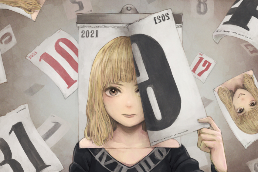 1girl blonde_hair calendar_(object) commentary looking_at_viewer medium_hair original simple_background tearing_paper upper_body yajirushi_(chanoma)