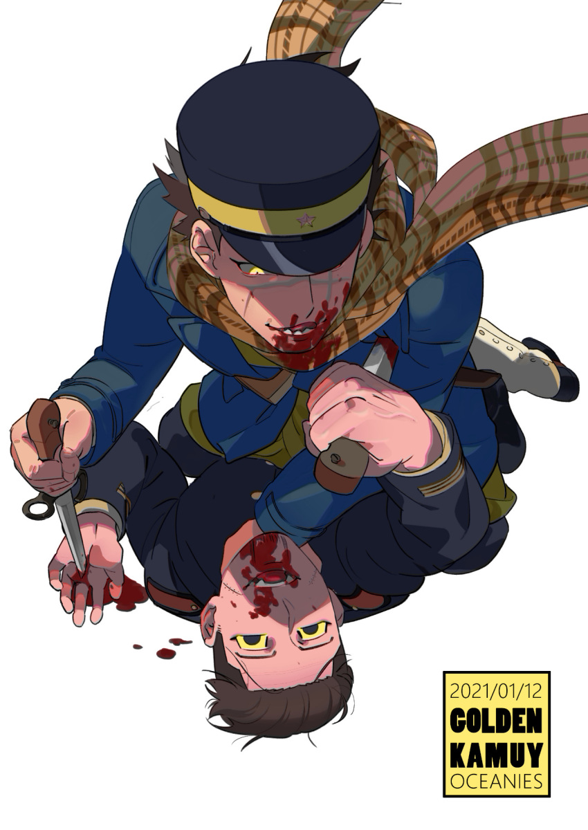 2boys artist_name bayonet black_eyes black_headband black_jacket black_pants blood blood_on_face bloody_clothes brown_hair buttons chinese_commentary collared_jacket commentary_request copyright_name dated english_text eye_contact facial_hair from_above full_body gaiters golden_kamuy hair_slicked_back hair_strand hat headband highres holding holding_knife imperial_japanese_army injury jacket kepi knife long_sleeves looking_at_another lying male_focus military military_hat military_uniform multiple_boys oceaniespainting ogata_hyakunosuke on_back open_mouth pants scar scar_on_cheek scar_on_face scar_on_mouth scar_on_nose scarf short_hair simple_background sitting sitting_on_person spiked_hair star_(symbol) struggling stubble sugimoto_saichi teeth two-tone_headwear undercut uniform weapon white_background yellow_eyes yellow_headwear