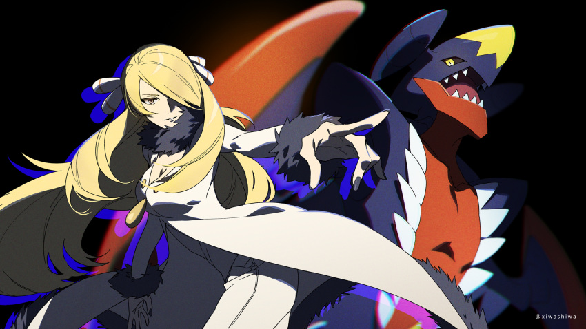 1girl black_nails blonde_hair blurry breasts cleavage coat commentary commentary_request cynthia_(pokemon) eyelashes fur-trimmed_coat fur_trim garchomp gen_4_pokemon grey_eyes hair_ornament hair_over_one_eye highres long_hair long_sleeves looking_at_viewer mega_garchomp mega_pokemon nail_polish pants pointing pokemon pokemon_(creature) pokemon_(game) pokemon_masters_ex smile white_coat white_pants xia_(ryugo)