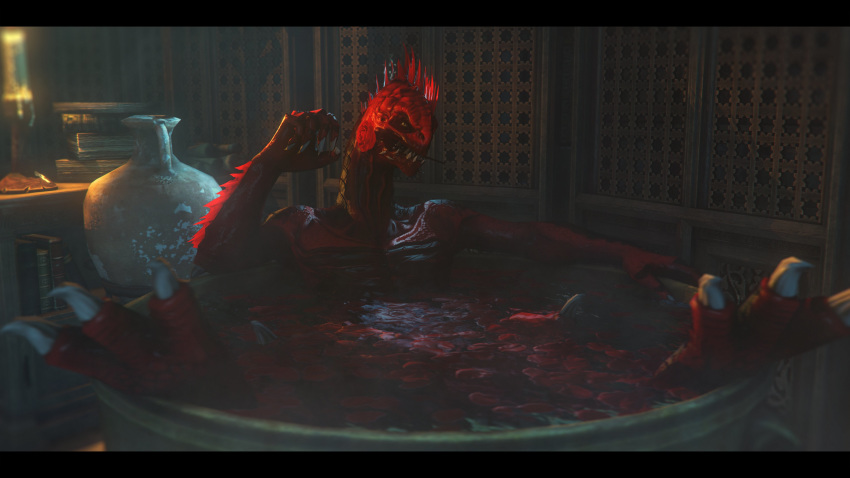 16:9 3d_(artwork) 4k absurd_res anthro bathing bathtub digital_media_(artwork) divinity:_original_sin_2 flower flower_in_mouth flower_petals frill_(anatomy) head_crest head_frill hi_res lizard_(divinity) looking_at_viewer male nude petals plant reptile rooking rose_(flower) rose_in_mouth rose_petals scales scalie solo source_filmmaker teeth the_red_prince water wet widescreen