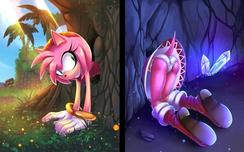 16:10 absurd_res amy_rose butt clothing crystal eulipotyphlan female hedgehog hi_res humanoid mammal mobian_hedgehog nightangeltdc panties shiny_(disambiguation) solo sonic_the_hedgehog_(series) stuck sun through_wall underwear widescreen