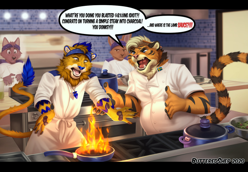 2020 5_fingers accessory anthro belly biped black_body black_fur black_lips blonde_hair blue_eyes blue_hair blue_nose brown_body brown_fur butteredshep canid canine chef_uniform clothed clothing cooking cookware detailed_background dexterlion dialogue digital_media_(artwork) english_text fangs felid fingers fire food frying_pan fur gordon_ramsay group hair headband humanoid_hands inside jewelry kitchen kitchen_utensils lagomorph leporid letterbox lion lips male mammal necklace orange_body orange_fur overweight overweight_male pantherine pawpads rabbit slightly_chubby speech_bubble standing teeth text tiger tongue tools yelling yellow_eyes