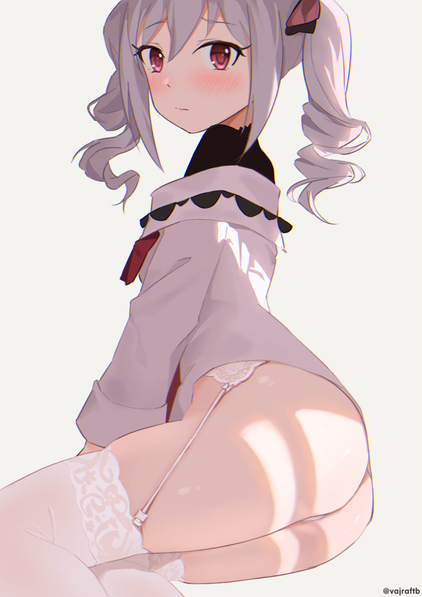 1girl al2 ass bangs blush closed_mouth drill_hair eyebrows_visible_through_hair garter_belt garter_straps hair_between_eyes hair_ribbon highres idolmaster idolmaster_cinderella_girls kanzaki_ranko long_hair long_sleeves looking_at_viewer panties red_eyes red_ribbon ribbon silver_hair simple_background solo thighhighs twin_drills twintails underwear white_garter_belt white_garter_straps white_legwear white_panties