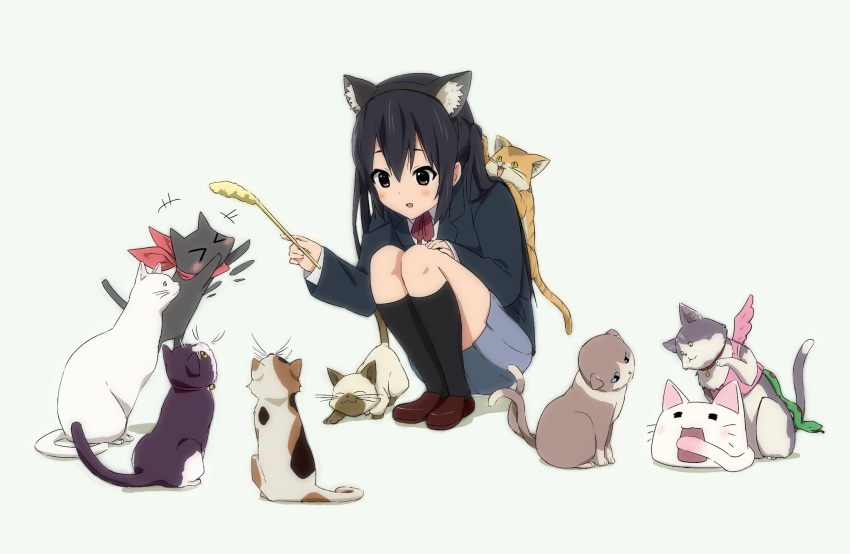 &gt;_&lt; +++ 1girl afterimage animal_ears annotation_request bangs black_cat black_eyes black_hair black_jacket black_legwear blazer blue_skirt brown_footwear calico cat cat_ears cat_teaser character_request chimera_(chuu2koi) chuunibyou_demo_koi_ga_shitai! collared_shirt commentary company_connection copyright_request dress_shirt fake_animal_ears grey_background highres holding jacket k-on! kanon kneehighs konsuke0 loafers long_hair looking_at_another lucky_star miniskirt nakano_azusa neck_ribbon nichijou nyamou open_mouth partially_annotated piro pleated_skirt red_neckwear ribbon sakamoto_(nichijou) sakuragaoka_high_school_uniform school_uniform shadow shamisen_(suzumiya_haruhi) shirt shoes skirt smile solo squatting suzumiya_haruhi_no_yuuutsu white_shirt