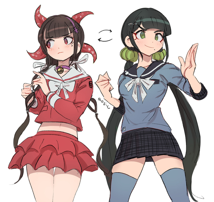 2girls arrow_(symbol) bangs black_hair blue_legwear blunt_bangs chabashira_tenko commentary cosplay costume_switch crop_top danganronpa_(series) danganronpa_v3:_killing_harmony english_commentary frilled_skirt frills green_eyes green_scrunchie hair_ornament hair_scrunchie hairband harukawa_maki long_hair looking_away low_twintails mole mole_under_eye mole_under_mouth multiple_girls palette_swap pleated_skirt qosic ringed_eyes school_uniform scrunchie serafuku simple_background skirt thighhighs twintails white_background