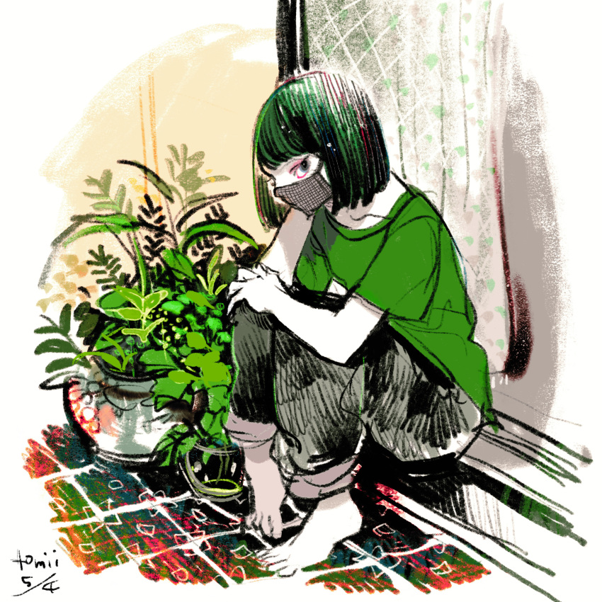 1girl bangs barefoot black_hair black_pants green_shirt grey_mask highres leaf mask mouth_mask original pants plant potted_plant profile shadow shirt short_hair short_sleeves signature sitting solo tomidoron