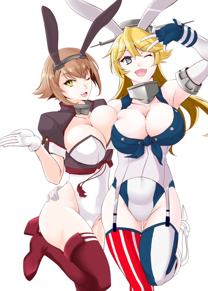 2girls adapted_costume animal_ears blonde_hair blue_eyes breasts brown_hair bunny_ears bunny_tail covered_navel detached_collar fake_animal_ears fingerless_gloves flag_print garter_straps gloves green_eyes hairband high_heels highres iowa_(kantai_collection) kantai_collection kiriki_haruomi large_breasts leotard mismatched_legwear multiple_girls mutsu_(kantai_collection) playboy_bunny radio_antenna red_legwear short_hair star-shaped_pupils star_(symbol) strapless strapless_leotard striped striped_legwear symbol-shaped_pupils tail thighhighs vertical-striped_legwear vertical_stripes white_leotard wing_collar wrist_cuffs