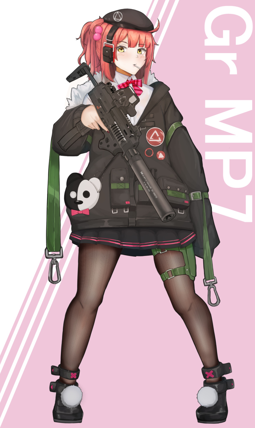 1girl beret blush candy commission food girls_frontline gun h&amp;k_mp7 hat headset highres lollipop mp7_(girls_frontline) off_shoulder pantyhose parted_lips pleated_skirt pom_pom_(clothes) ponytail red_hair rx78kuroko1 skeb_commission skindentation skirt solo submachine_gun suppressor thigh_strap weapon yellow_eyes