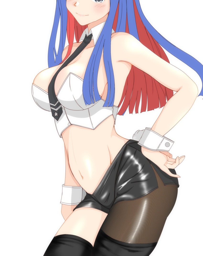 1girl absurdres asymmetrical_legwear bandeau black_legwear black_neckwear black_skirt blue_hair breasts cleavage commentary_request crop_top head_out_of_frame headgear highres kantai_collection large_breasts long_hair midriff miniskirt multicolored_hair necktie nitamago_(sakamalh) pantyhose pencil_skirt red_hair shirt simple_background skirt solo south_dakota_(kantai_collection) thighhighs white_background white_hair white_shirt wrist_cuffs