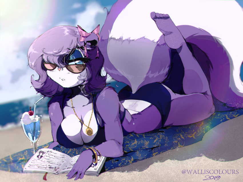 2019 4:3 5_toes accessory anthro beach beverage bikini blue_eyes blue_eyeshadow bracelet breasts cleavage clothed clothing dark_bottomwear dark_topwear drinking_straw eyeshadow eyewear feet female fifi_la_fume fluffy fluffy_tail fur gold_bracelet hair hair_accessory hair_bow hair_over_eye hair_ribbon hi_res huge_tail jewelry lens_flare looking_at_viewer lying makeup mammal mephitid multicolored_body multicolored_fur narrowed_eyes necklace on_front one_eye_obstructed outside pink_bow pink_nose purple_body purple_fur purple_hair raised_foot reading ribbons sand seaside signature skunk solo striped_tail stripes sunbathing sunglasses swimwear tiny_toon_adventures toes two_tone_body two_tone_fur walliscolours warner_brothers white_face willisrisque