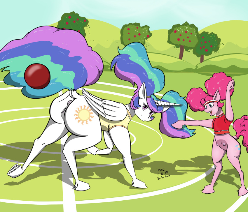 2018 anus bottomless clothed clothed_feral clothing duo equid equine feathered_wings feathers female feral friendship_is_magic fur genitals hair hasbro hi_res hooves horn mammal multicolored_hair my_little_pony outside pink_body pink_fur pink_hair pinkie_pie_(mlp) plant princess_celestia_(mlp) purple_eyes pussy rainbow_hair sailoranna sports_ball teats tree unicorn_horn white_body white_fur winged_unicorn wings