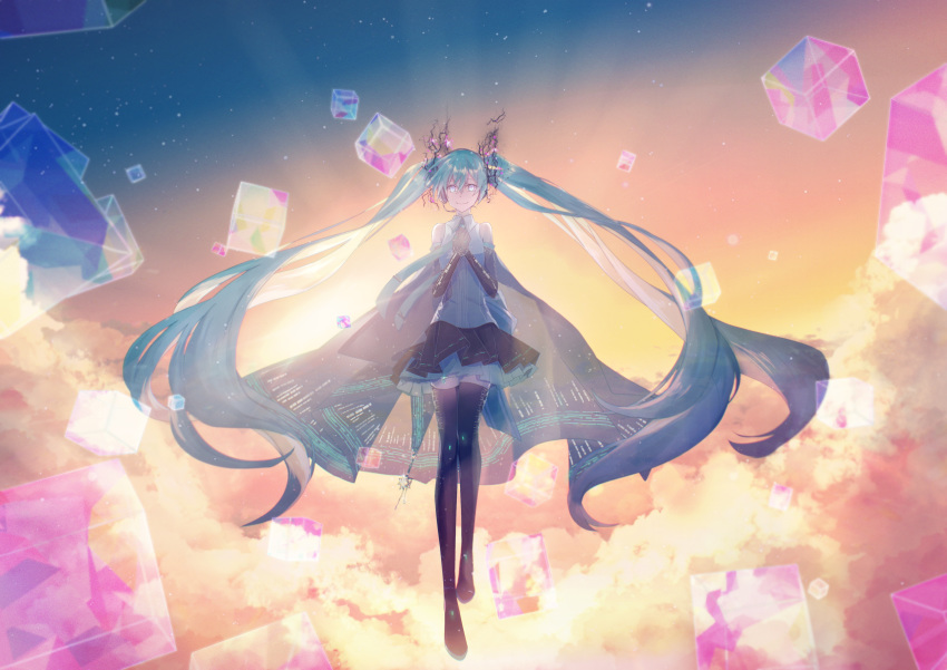 1girl absurdres aqua_eyes aqua_hair aqua_neckwear backlighting bare_shoulders black_legwear black_skirt black_sleeves cloud commentary cube detached_sleeves dissolving floating full_body glint hair_ornament hands_together hatsune_miku headphones headset highres long_hair looking_at_viewer miniskirt necktie night night_sky pleated_skirt see-through shawl shirt skirt sky sleeveless sleeveless_shirt smile solo star_(sky) starry_sky stellated_octahedron sun sunrise thighhighs twintails very_long_hair vocaloid white_shirt wide_shot yurika_(53241) zettai_ryouiki