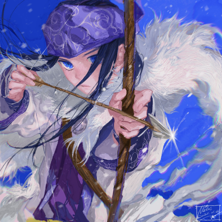 1girl aiming_at_viewer ainu ainu_clothes arrow_(projectile) artist_name asirpa bandana black_hair blue_background blue_bandana blue_eyes bow_(weapon) cape chinese_commentary closed_mouth commentary_request dated ear_piercing earrings fur_cape golden_kamuy highres holding holding_bow_(weapon) holding_weapon hoop_earrings jewelry lips long_hair long_sleeves looking_at_viewer mitus piercing sidelocks signature simple_background solo sparkle upper_body weapon white_cape wide_sleeves wind