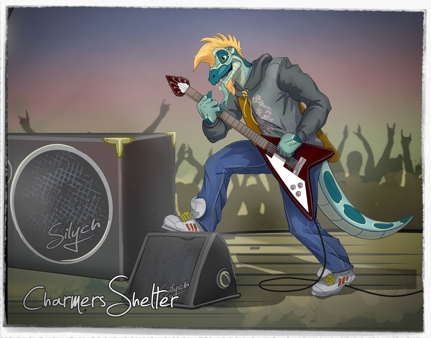 absurd_res amplifier andre_taslim anthro beard blonde_hair blue_tongue bottomwear charmersshelter clothed clothing crowd detailed_background digital_media_(artwork) english_text facial_hair flying_v footwear goatee group guitar hair hi_res holding_object hoodie komodo_dragon lizard male monitor_lizard multicolored_body musical_instrument outside playing_guitar playing_music plucked_string_instrument reptile scalie shoes sneakers solo string_instrument text tongue topwear