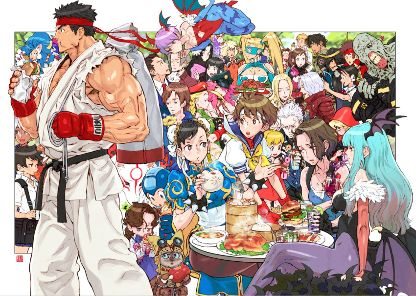 ? amaterasu anita_(vampire) ayasato_mayoi bulleta cammy_white capcom carlos_oliveira carrying character_request chun-li dante_(devil_may_cry) date_masamune_(sengoku_basara) devil_may_cry dumpling elena_(street_fighter) felicia_(vampire) felyne final_fight food food_in_mouth gyakuten_saiban hamburger ibuki_(street_fighter) ichimonji_batsu jill_valentine justice_gakuen kagami_kyousuke kasugano_sakura ken_masters lei_lei lilith_aensland looking_at_viewer looking_to_the_side makoto_(street_fighter) mitsurugi_reiji monster_hunter morrigan_aensland multiple_boys multiple_girls naruhodou_ryuuichi nemesis nishimura_kinu official_art oichi_(sengoku_basara) ookami_(game) outdoors poison_(final_fight) rainbow_mika resident_evil rockman rockman_(character) roll_(rockman) ryu_(street_fighter) sanada_yukimura_(sengoku_basara) sengoku_basara shoulder_carry sipping sitting smile street_fighter sweat taiyaki thighs trish_(devil_may_cry) vampire_(game) vergil wagashi wakaba_hinata