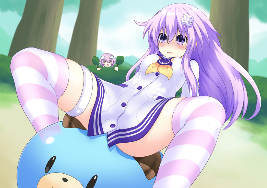 2girls ass blush breasts clothed_sex commentary_request covering d-pad d-pad_hair_ornament dogoo dress facing_viewer girl_on_top hair_between_eyes hair_ornament hiding highres leaning_back legs looking_down medium_breasts multiple_girls neckerchief nepgear neptune_(neptune_series) neptune_(series) o_o outdoors parted_lips purple_eyes purple_hair sailor_dress sex siblings sisters skindentation solo_focus spread_legs straddling striped striped_legwear surprised taked thigh_strap thighhighs thighs upskirt vaginal white_dress yellow_neckwear