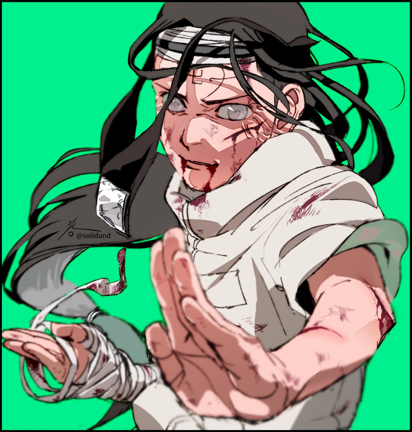 1boy artist_name bandaged_arm bandages black_hair blind blood blood_from_mouth blood_on_face bloody_clothes bloody_hands bruise collar collared_shirt commentary_request facial_mark fighting_stance green_background grey_eyes highres hyuuga_neji injury long_hair looking_at_viewer male_focus naruto_(series) parted_lips scratches shirt short_sleeves signature simple_background solo standing twitter_username upper_body white_shirt zifletts