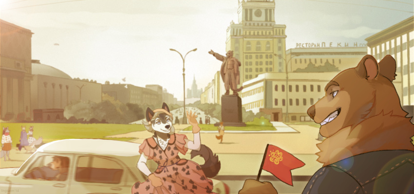 anthro canid canine canis car city detailed_background female flag lingrimm male mammal russian scenery sculpture soviet_union statue text translated urban ursid vehicle vladimir_lenin wolf