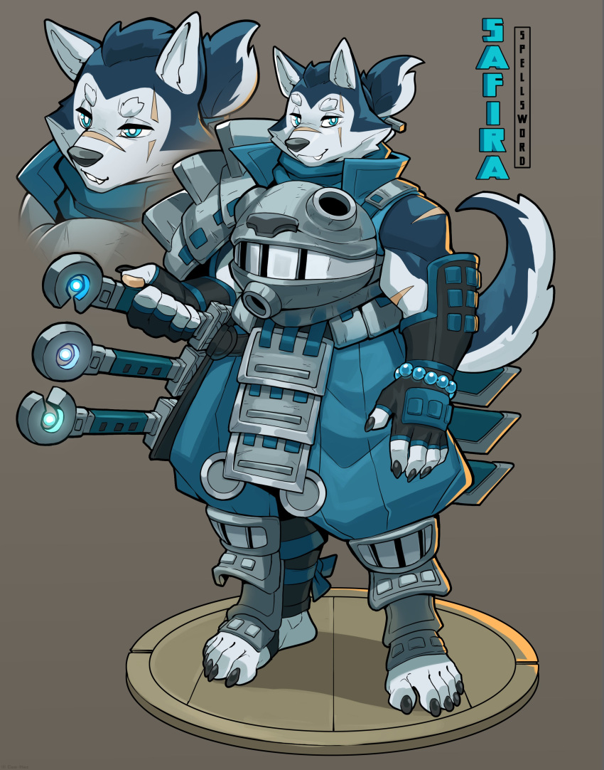 2021 absurd_res anthro armor blue_eyes canid canine canis ceehaz dog_knight_rpg domestic_dog female grey_background hi_res husky mammal melee_weapon nordic_sled_dog safira_(ceehaz) samurai scar simple_background solo spitz sword warrior weapon