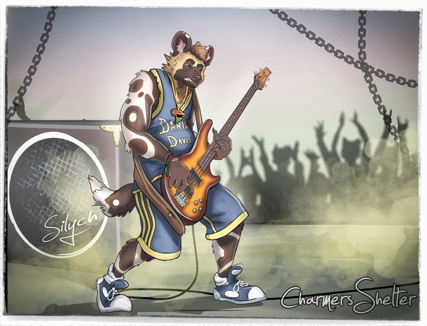 absurd_res african_wild_dog amplifier anthro bass_guitar belly black_nose bottomwear bracelet brown_body brown_fur canid canine canis chain charmersshelter chubby_male clothed clothing crowd darius_davis detailed_background digital_media_(artwork) english_text footwear frohawk fur group guitar hair hi_res holding_object jewelry male mammal multicolored_body multicolored_fur musical_instrument necklace outside playing_bass playing_music plucked_string_instrument shirt shoes shorts slightly_chubby smoke sneakers solo string_instrument text text_on_clothing text_on_shirt text_on_tank_top text_on_topwear topwear